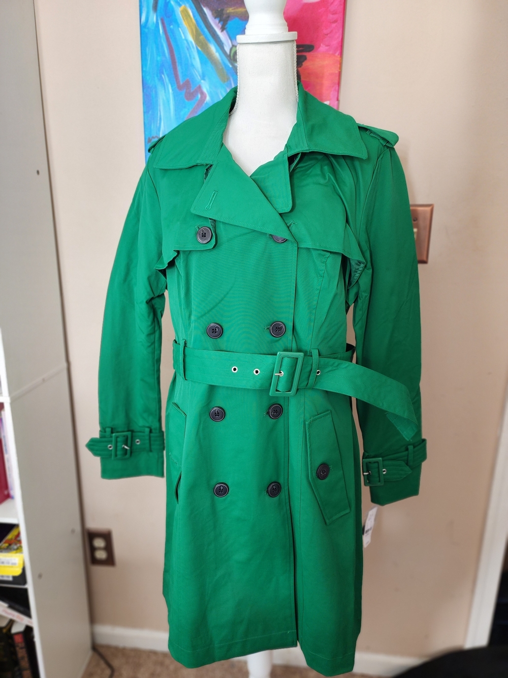New York & Company Green Double-Breasted Trench Coat with Belt